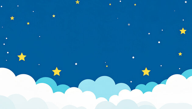 A simple cartoon night sky background with fluffy white clouds and bright yellow stars. A cute and dreamy vector illustration for children's projects