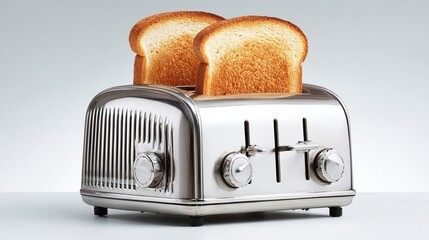 Silver toaster with two slices of golden toast against a pale, gradient background