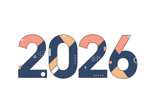 Decorative 2026 numbers with abstract patterns isolated on transparent background