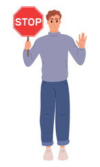 Young guy holds red stop sign in hand and shows his palm with gesture of refusal. Restricted ban signal. Standing man with road warning icon. Prohibition traffic. Drive rule. Vector concept