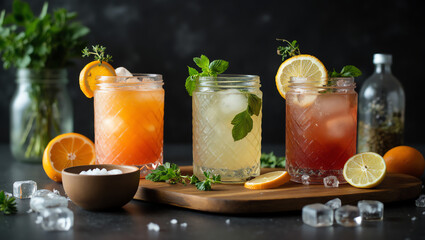 Fototapeta premium Colorful elegant cocktail glasses with assorted ingredients, fresh herbs, citrus slices, and ice cubes. Vibrant, refreshing drinks with atmospheric lighting and high-contrast, cinematic style.