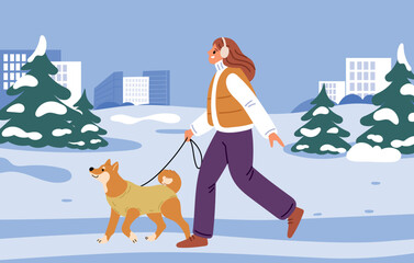 Young girl in winter clothes walking with dog in snowy city park. Urban streets stroll. Domestics doggy animal at leash. Pet owner. Young woman together with puppy outdoor. Vector concept