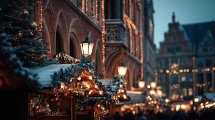 Festive winter market scene with illuminated stalls and holiday decorations in a charming atmosphere
