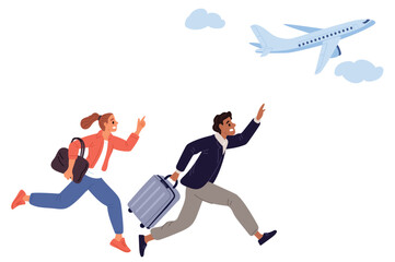 Man with suitcase and woman with bag run for plane. People missed flight. Passengers hurry to airport terminal. Late for airplane boarding. Running of travelers couple. Vector concept