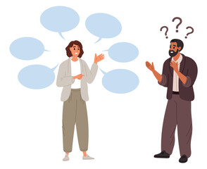 Man doesnt understand what woman is talking about. Verbal communication problem. Lack of understanding. Translation failure. Foreign language. People misunderstanding. Vector concept