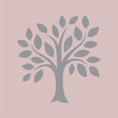 Obraz premium Tree Icon on Rose Background. A symmetrical grey tree icon is centered, symbolizing growth and nature, against a muted rose background. The image evoke serenity and visual calm.