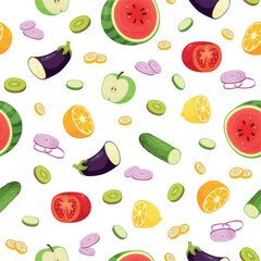 Cut vegetables and fruits. Food seamless pattern. Fresh orange, lemon and apple. Natural products. Repeated print. Tomato and cucumber slices. Cooking ingredient. Vector background