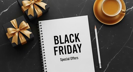 Black friday special offers notepad and gift boxes with hot drink on marble table top view