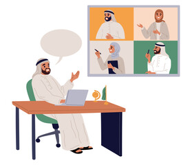 Arab man in Muslim dress leads online conference with colleagues. Video communication. Business negotiation. Businessman talking with partners. Corporate telecommunication. Vector concept