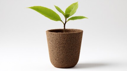 Small, light-brown, textured pot with a young sprout