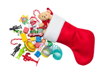 Christmas stocking overflowing with toys isolated on transparent background