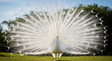 Elegant White Peacock Displaying its Feathers in a Lush Green Setting