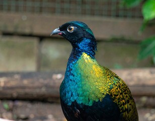Obraz premium Striking iridescent plumage of a Nicobar Pigeon, showcasing vibrant hues and intricate feather