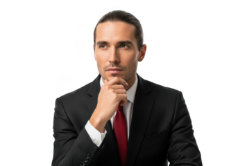 Thoughtful businessman in suit posing with hand on chin looking upward stock photo for business and finance concepts isolated on transparent background