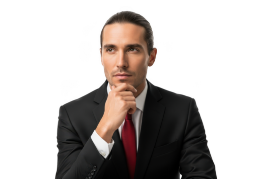 Thoughtful businessman in suit posing with hand on chin looking upward stock photo for business and finance concepts isolated on transparent background - Powered by Adobe