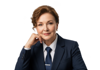 Professional businesswoman portrait with hand on chin in suit, elegant mature woman isolated on transparent background