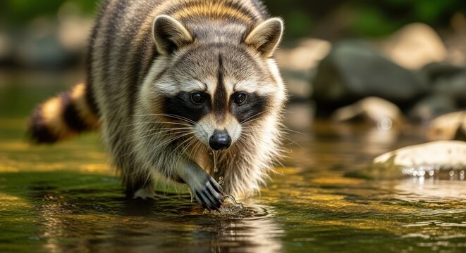 Curious Raccoon Foraging in a Stream, Close-up Wildlife Portrait