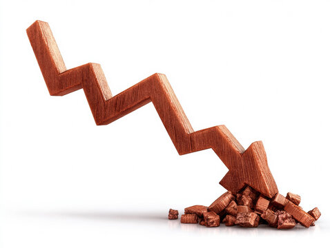 downward arrow made of wood, striking downwards into a pile of small chunks, symbolizes a decline or decrease in value.