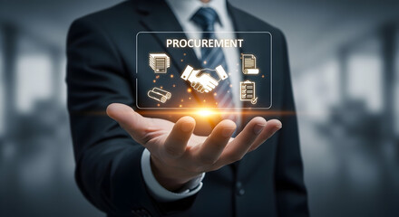 Strategic partnership concept with handshake and procurement icons overlay