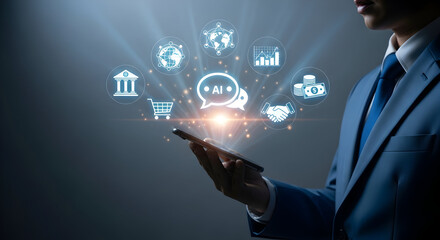 Businessman using smartphone to access AI for business insights and global financial growth