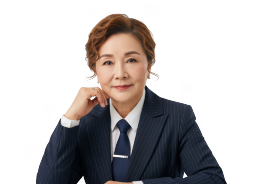 Mature asian businesswoman in pinstripe suit with hand on chin png image for professional use portrait isolated on transparent background