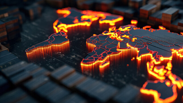 digitally rendered world map with illuminated borders, set against a background of shipping containers, symbolizing global trade and connectivity.