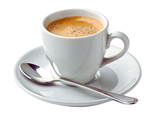 Fototapeta premium White ceramic cup of hot coffee with spoon on saucer isolated on transparent background