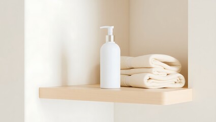 Minimalist bathroom shelf with a white soap dispenser and neatly folded cream-colored towels against a soft beige wal