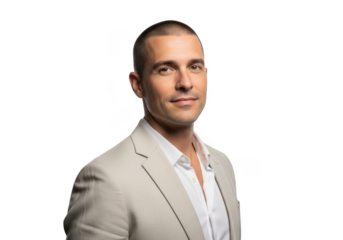 Professional businessman portrait headshot in suit jacket smiling confident looking isolated on transparent background