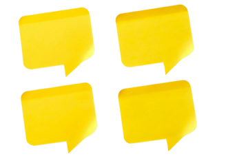 Four yellow speech bubble sticky notes isolated on transparent background