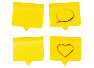 Four yellow speech bubble sticky notes isolated on transparent background