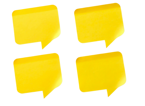 Four yellow speech bubble sticky notes isolated on transparent background - Powered by Adobe