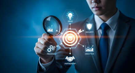 Businessman analyzing a business strategy with icons for data analytics, ideas, security, and partnership