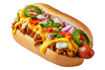 Colombia Perro Caliente Hot Dog Colombiano topped with mustard, red onions, jalapenos, chili, tomatoes, isolated on white transparent background, concept of fast food and street cuisine