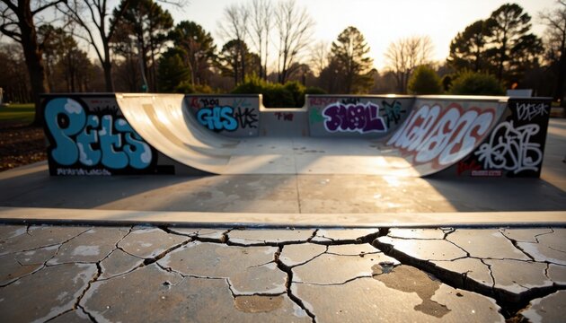 Graffiti-covered skate park at sunset, cracked concrete foreground.