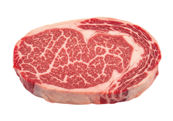 Premium Raw Ribeye Beef Steak with Beautiful Marbling on White Background