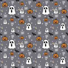 seamless Halloween Ghosts, Pumpkins, Bats and Spiderwebs on Gray