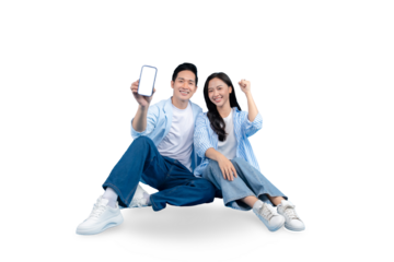 Happy couple holding a blank screen phone ,smiling on PNG background