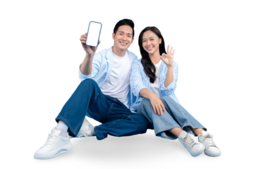 A happy couple showcasing a smartphone with a blank screen on PNG background