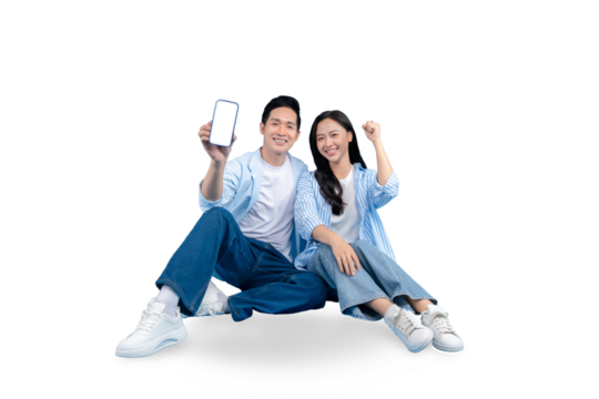 Happy couple holding a blank screen phone ,smiling on PNG background