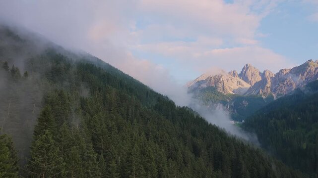 Drone flight through morning fog revealing epic mountin peaks and a dense pine orest.