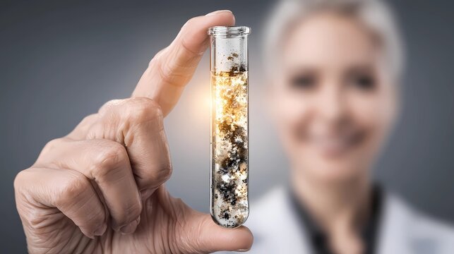 Scientist holds a laboratory vial with precision, performing detailed testing as part of ongoing medical and pharmaceutical research studies.