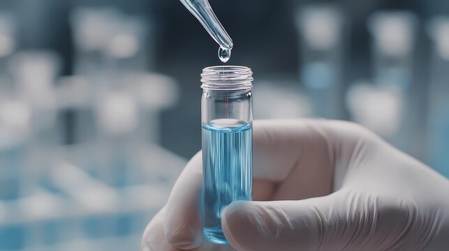 Scientist holds a laboratory vial with precision, performing detailed testing as part of ongoing medical and pharmaceutical research studies.