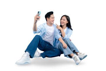 A happy couple taking a selfie on PNG background