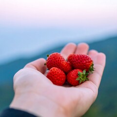 Handful of Fresh Strawberries Held Outdoors.
