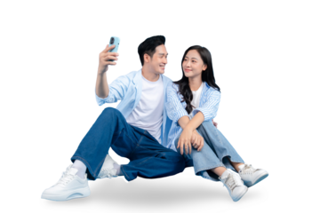 A loving couple taking a selfie together while sitting closely. They are smiling happily and showing their love on PNG background