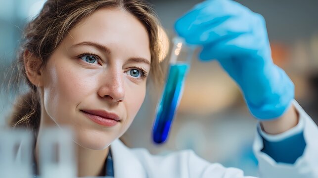 Scientist holds a laboratory vial with precision, performing detailed testing as part of ongoing medical and pharmaceutical research studies.