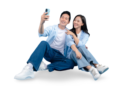 Happy couple taking selfie together, smiling on PNG background