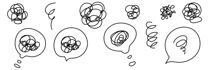 モヤモヤしている手書きアイコンセット　グルグル・モヤモヤ・悩む・考える・不安〜A set of hand-drawn icons of people feeling uneasy - feeling confused, worried, thinking, and anxious〜