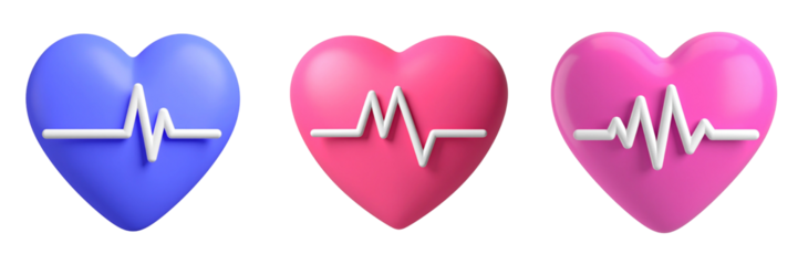 Three Heart Symbols with EKG Lines Against A Transparent Background in Shades of Blue and Pink